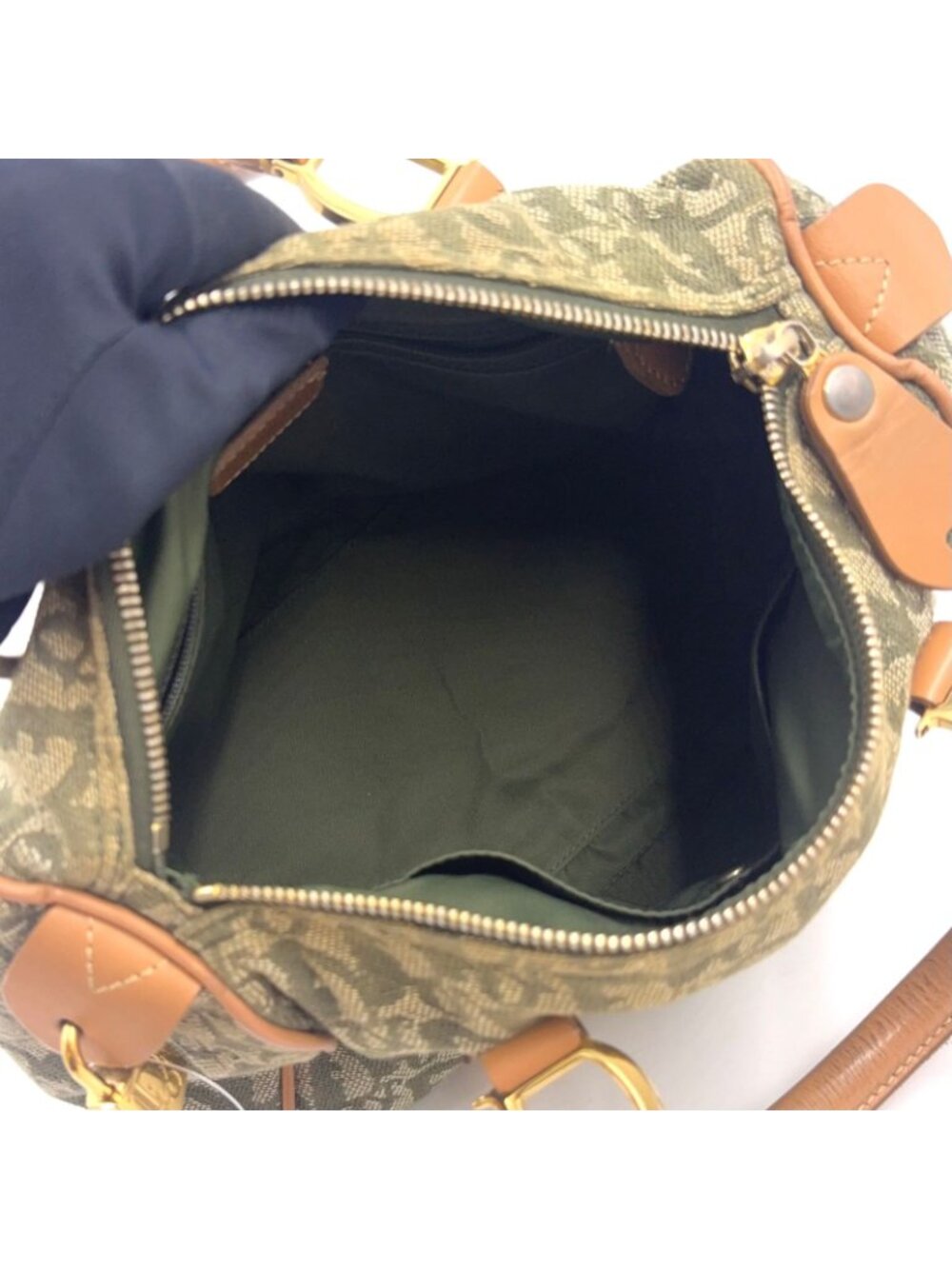 Dior Trotter Mini Leather Canvas Khaki Green Light Brown Boston Bag Gold - Picture 3 of 15